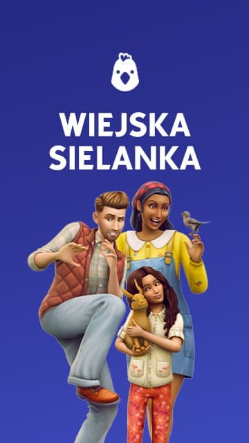 The Sims: trzech Simów stoi przed domkiem w stylu wiejskim z krową i zielonymi wzgórzami w tle.