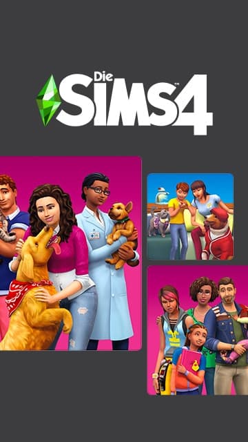 The Sims 4 Sims mit Haustieren in verschiedenen Szenen unter dem Titel „Pet Lovers".