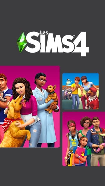 The Sims : plusieurs Sims tenant des animaux de compagnie sous le titre « Pet Lovers ».