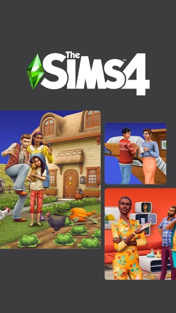The Sims promotional image showing Sims decorating and building homes with furniture and household items.