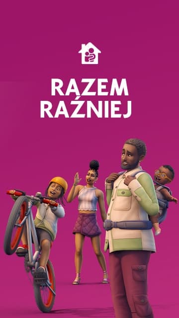 The Sims przedstawia rodzinę Simów z dziećmi na różowym tle z napisem "Growing Together".