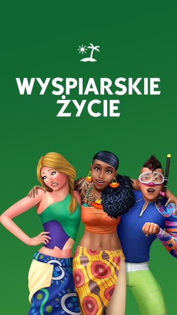 The Sims 4 Island Living z trzema Simami w strojach plażowych na zielonym tle z logo dodatku.