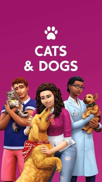 The Simsの拡張パック「Cats & Dogs」で、3人のSimsがそれぞれペットの猫や犬を抱いているプロモーション画像