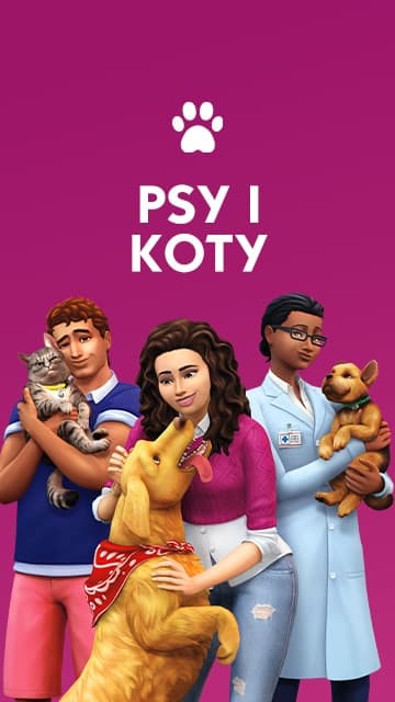 The Sims z dodatkiem Cats & Dogs przedstawia trzech Simów trzymających zwierzęta domowe na różowym tle.