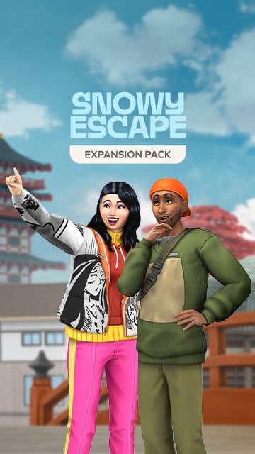 Troje Simów w kolorowych strojach narciarskich macha radośnie na tle zaśnieżonych gór w The Sims.