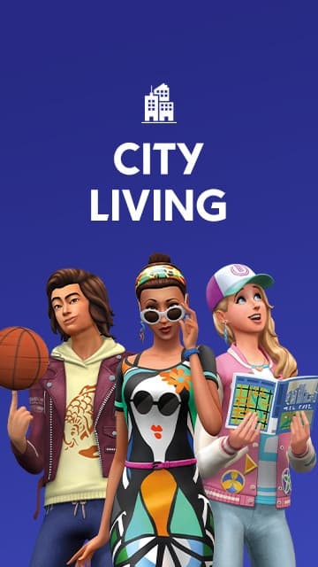 The Simsの都市生活をテーマにした3人のSimが、バスケットボール、サングラス、地図を持って青い背景の前に立っている様子を描いたプロモーション画像