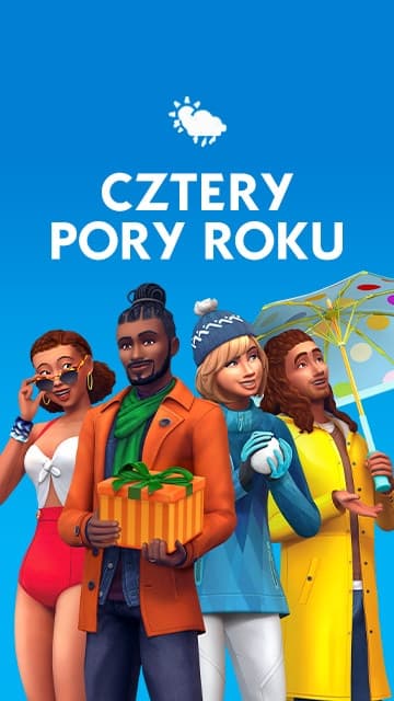The Sims: czworo Simów w kolorowych strojach reprezentujących różne pory roku na niebieskim tle z napisem "SEASONS".