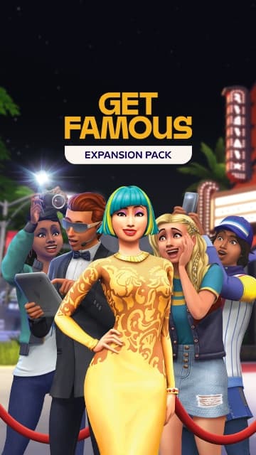 The Sims przedstawia grupę Simów stojących na czerwonym dywanie pod napisem "GET FAMOUS" z ikoną reżysera.