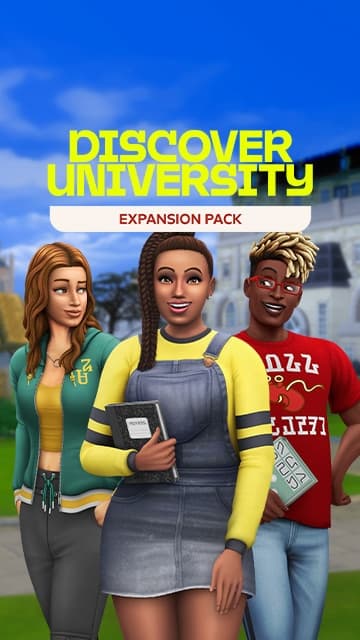 Trzech Simów w strojach studenckich pod napisem Discover University z ikoną czapki absolwenta.