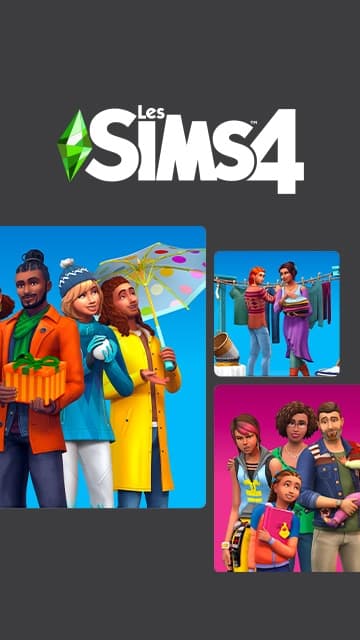 The Sims 4 Everyday Essentials avec des Sims en tenues colorées et objets du quotidien sur fond gris et bleu.