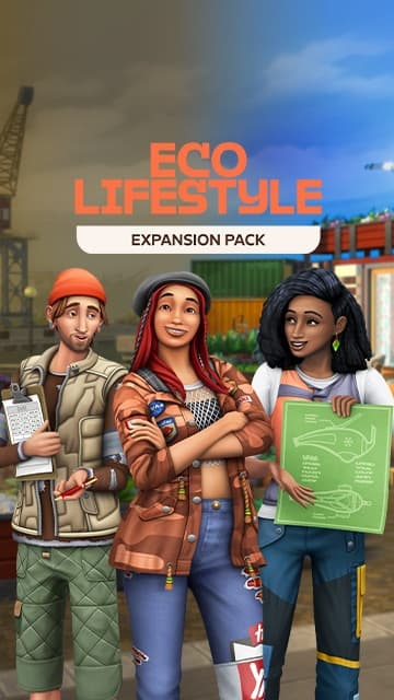 The Sims przedstawia trzech Simów promujących ekologiczny styl życia z planem i żarówką nad nimi.